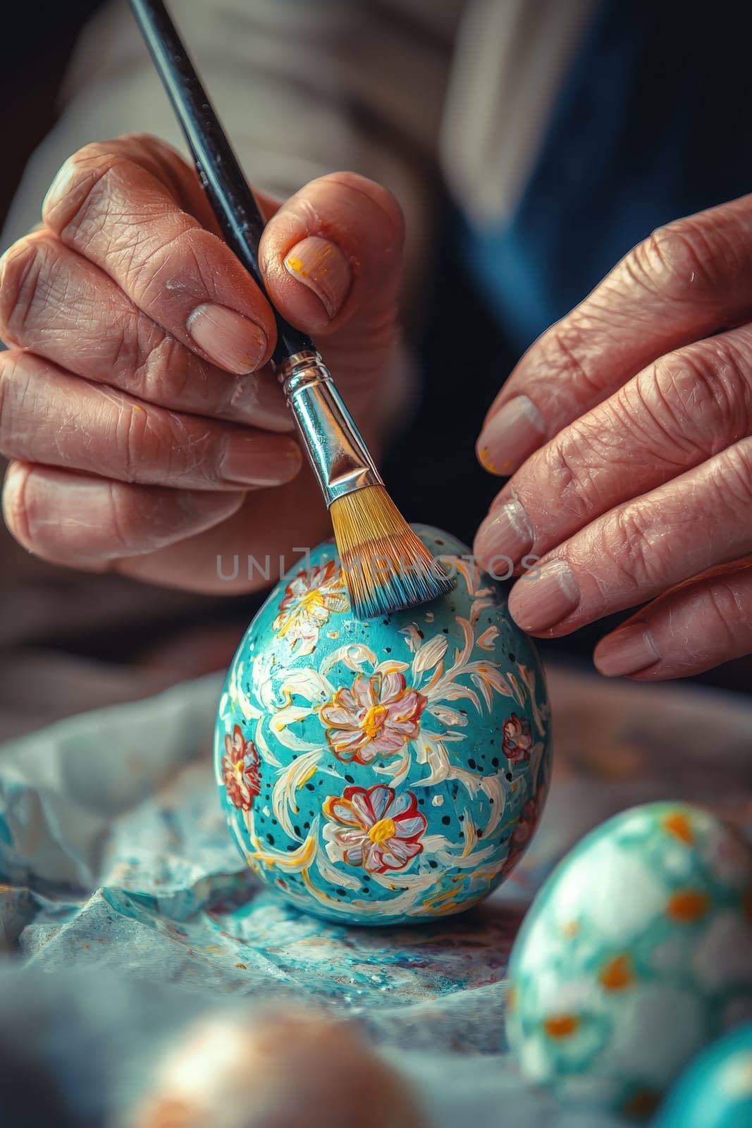 Close-up of a woman coloring eggs for Easter. Selective focus.