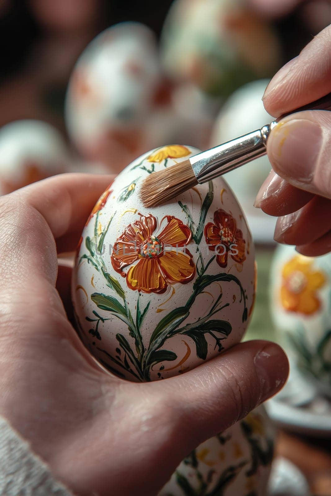 Close-up of a woman coloring eggs for Easter. Selective focus.