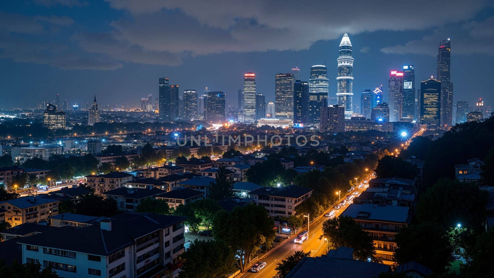 A city at night with many tall buildings and a large city skyline. The city is lit up with lights and the atmosphere is lively and bustling