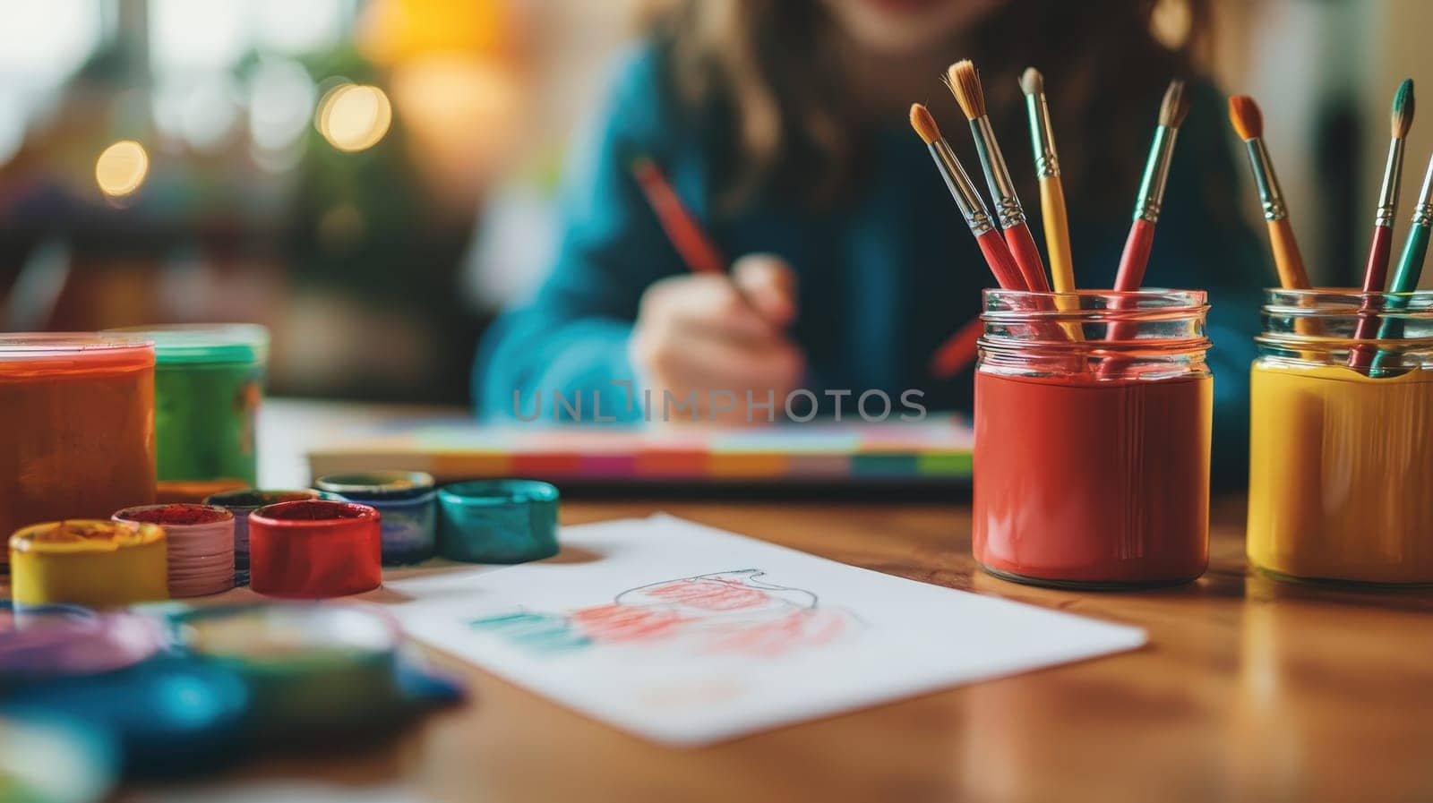 close up of paints on the table. Selective focus.