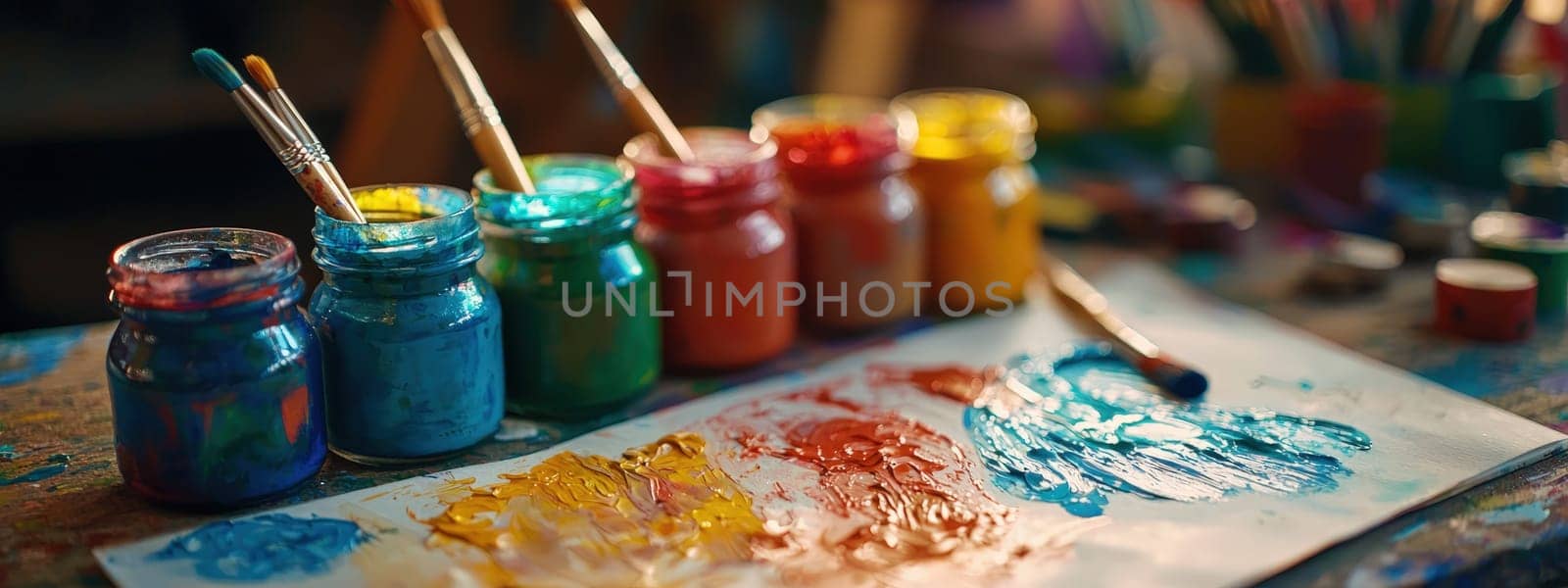 close up of paints on the table. Selective focus.