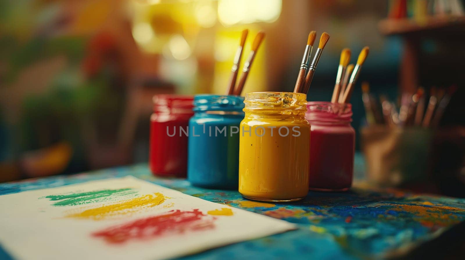 close up of paints on the table. Selective focus.