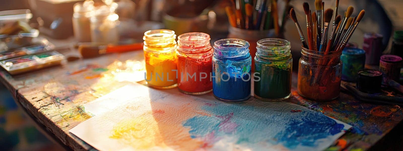 close up of paints on the table. Selective focus.