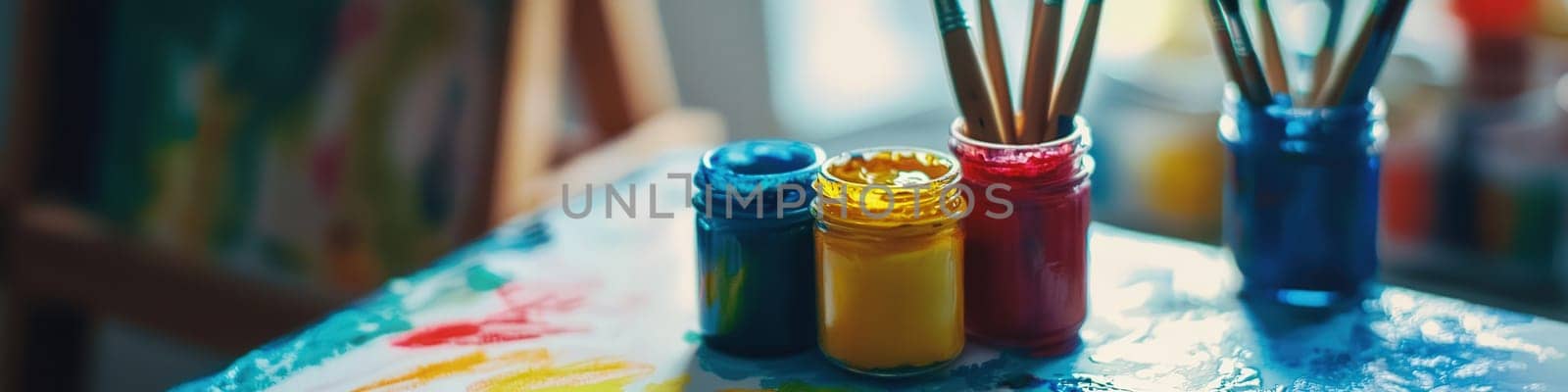 close up of paints on the table. Selective focus.