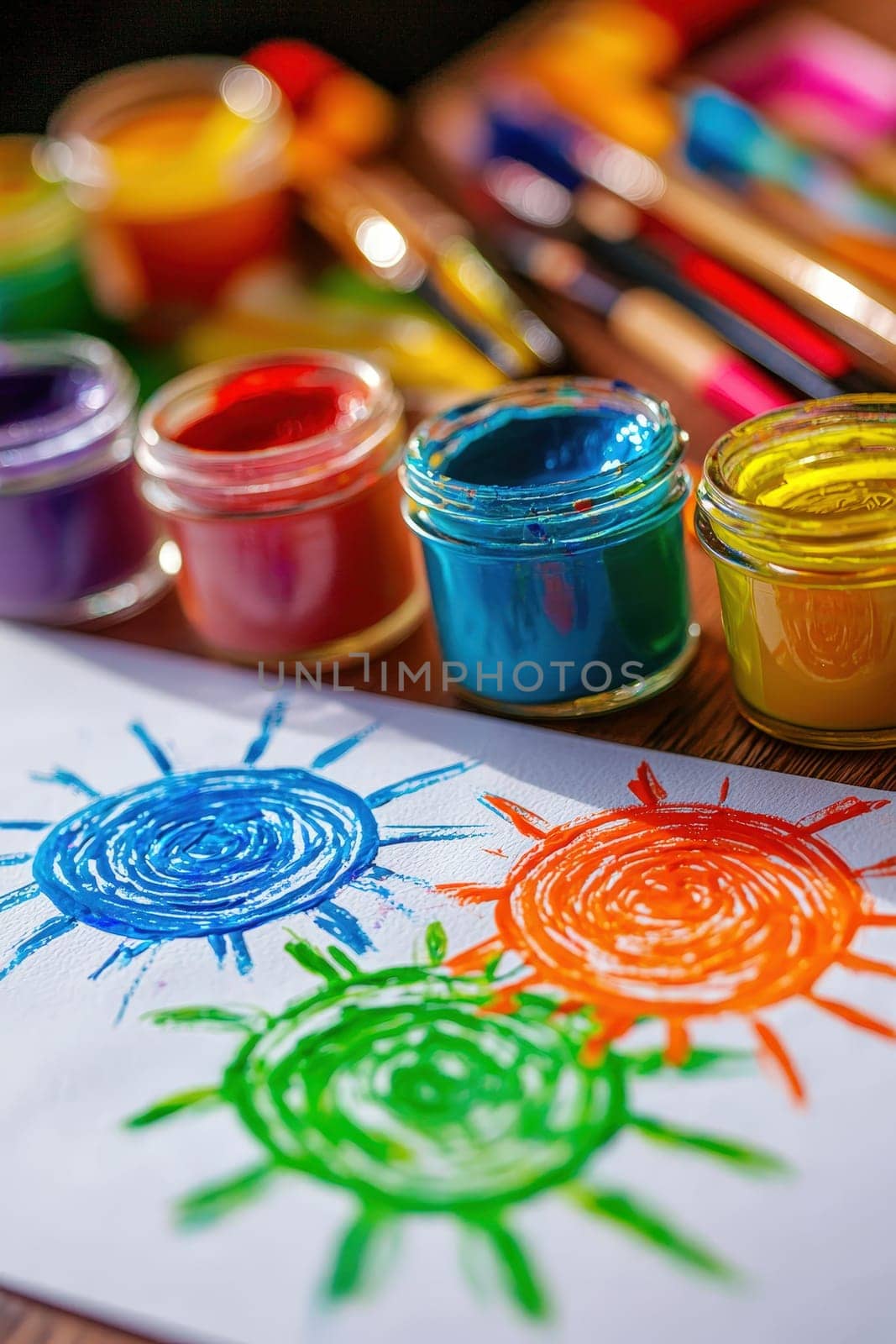 close up of paints on the table. Selective focus.