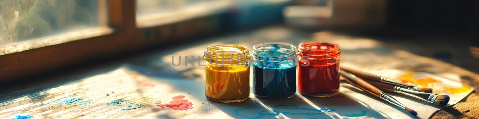 close up of paints on the table. Selective focus.