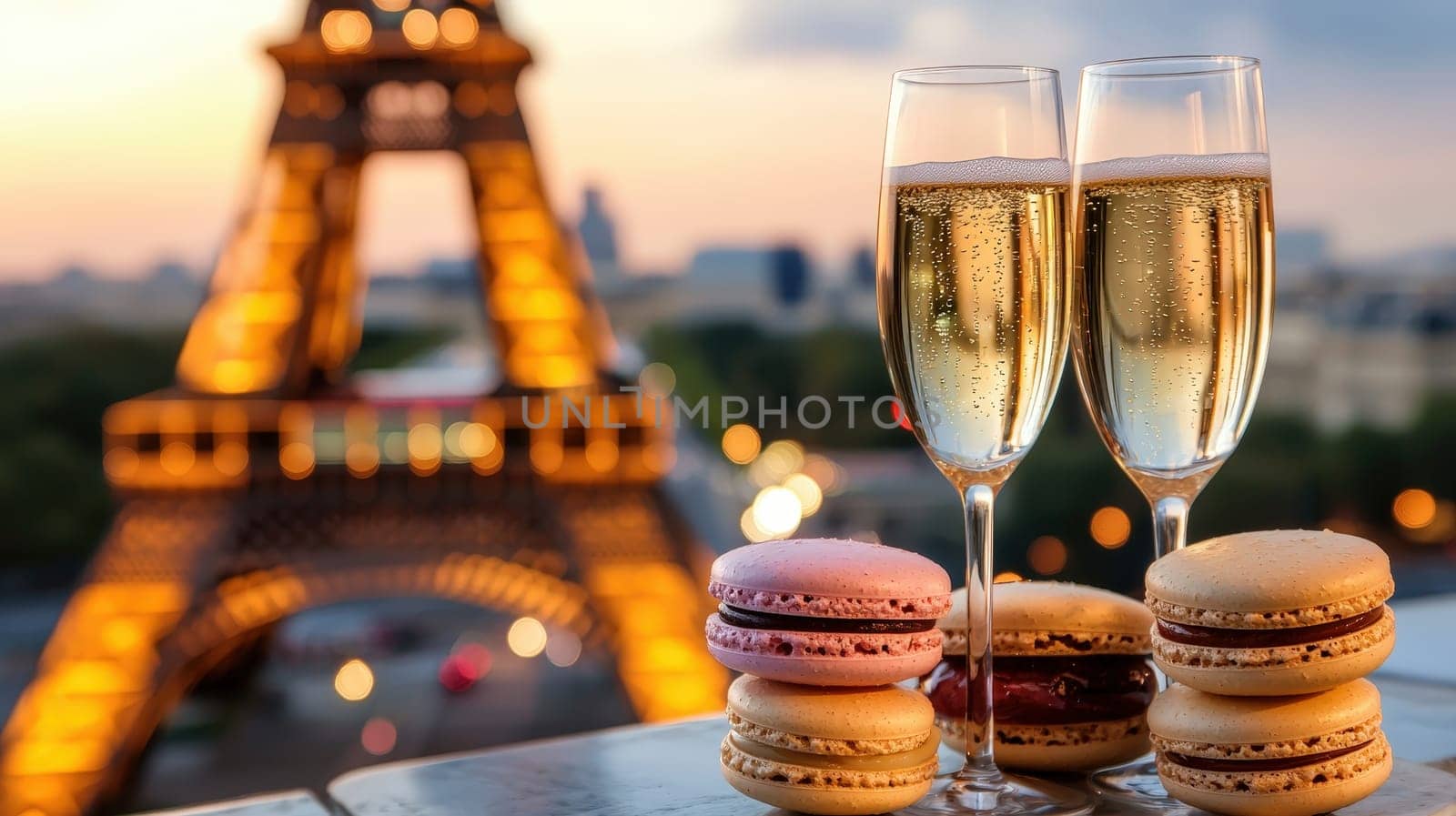 Close-up of champagne and macaroons on the background of the Eiffel Tower. Selective focus.