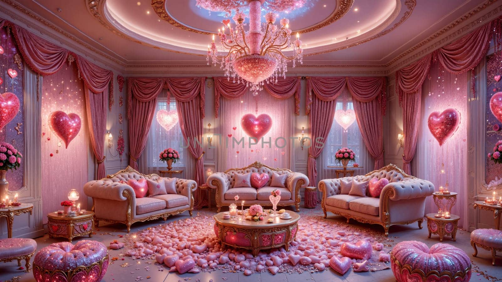 A pink room with a chandelier and a lot of pink decorations. There are many pink couches and chairs, and a pink table with a vase on it. The room is filled with hearts and balloons