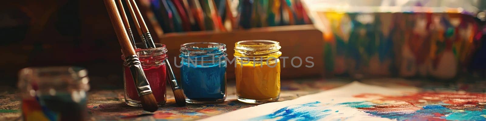 close up of paints on the table. Selective focus.