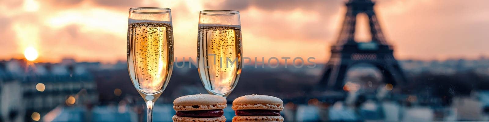 Close-up of champagne and macaroons on the background of the Eiffel Tower. Selective focus.