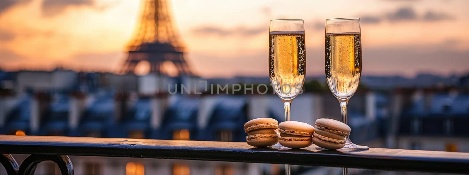 Close-up of champagne and macaroons on the background of the Eiffel Tower. Selective focus.