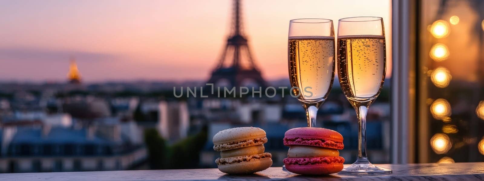 Close-up of champagne and macaroons on the background of the Eiffel Tower. Selective focus.