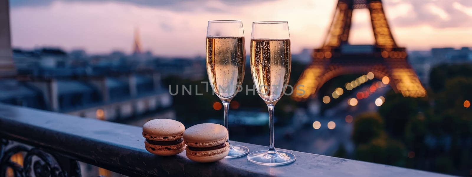 Close-up of champagne and macaroons on the background of the Eiffel Tower. Selective focus.