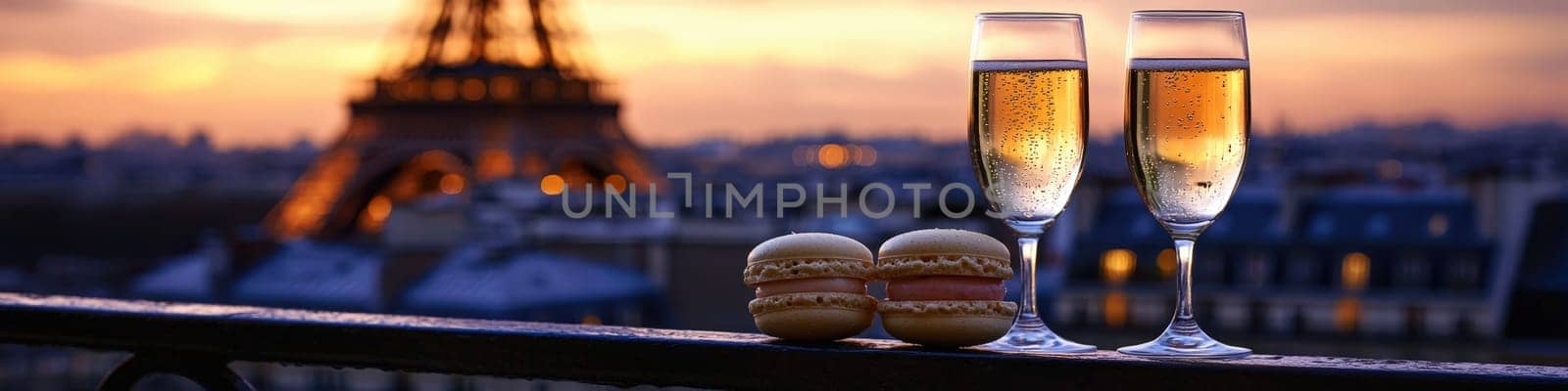 Close-up of champagne and macaroons on the background of the Eiffel Tower. Selective focus.