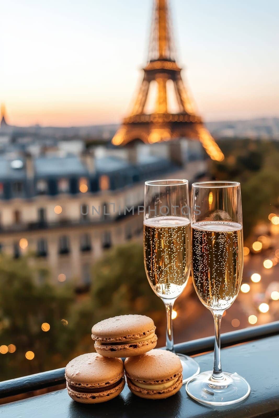 Close-up of champagne and macaroons on the background of the Eiffel Tower. Selective focus.