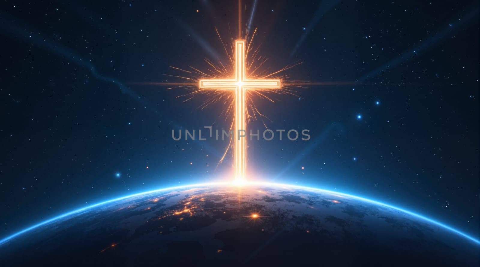 A glowing cross is on a blue planet. The cross is lit up and he is shining brightly