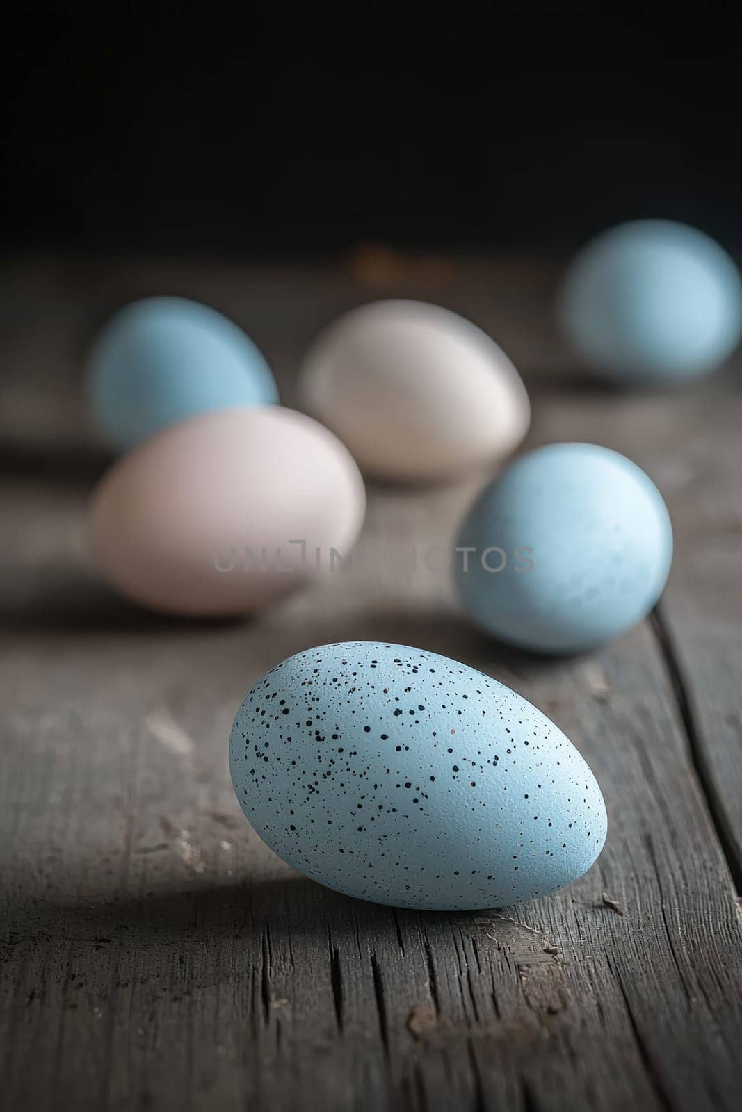 Close-up of painted eggs on a wooden table. Selective focus.