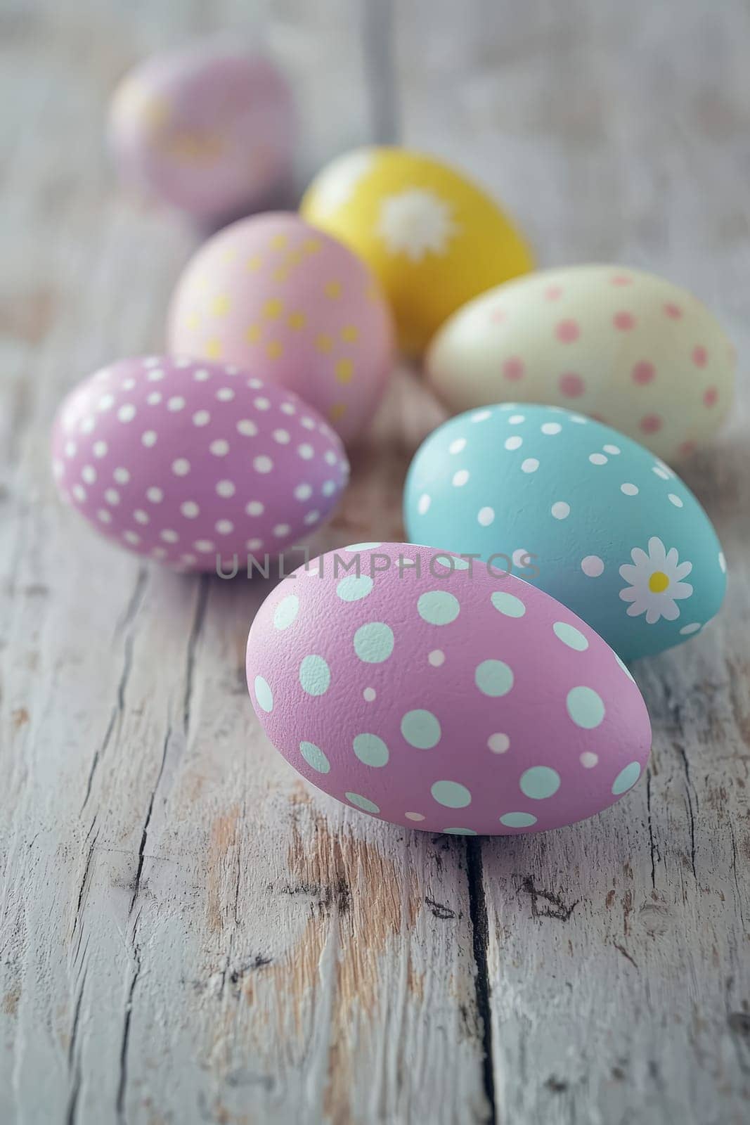Close-up of painted eggs on a wooden table. Selective focus.