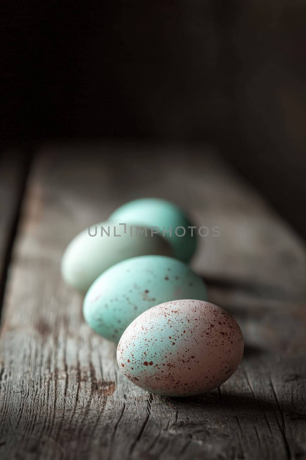 Close-up of painted eggs on a wooden table. Selective focus.
