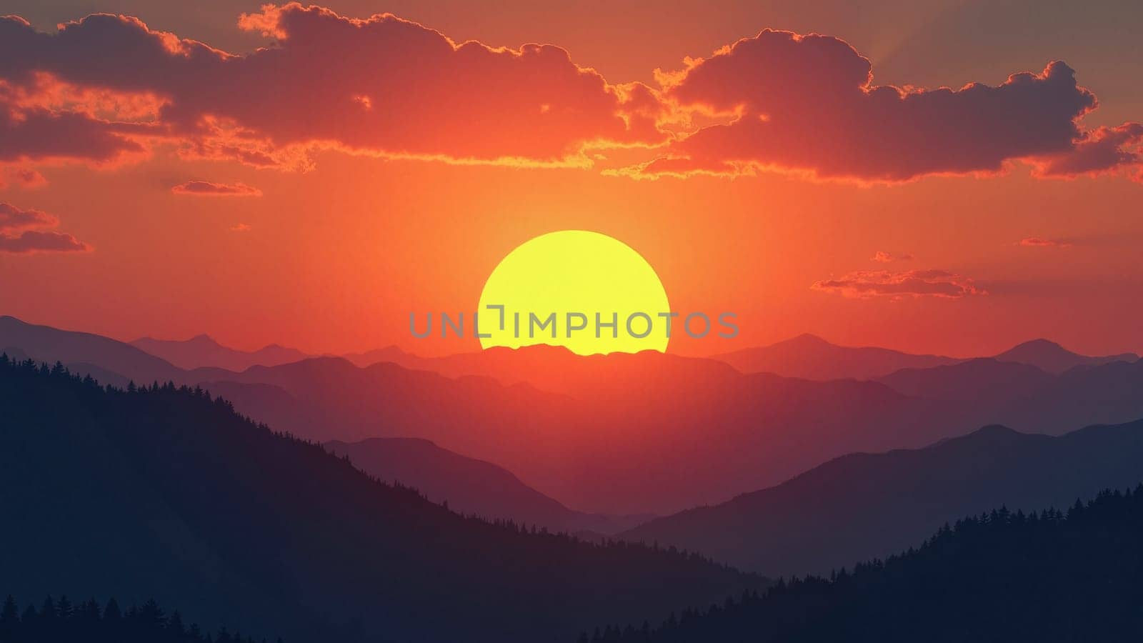 A beautiful sunset over a mountain range with a large sun in the sky. The sky is filled with clouds, creating a serene and peaceful atmosphere