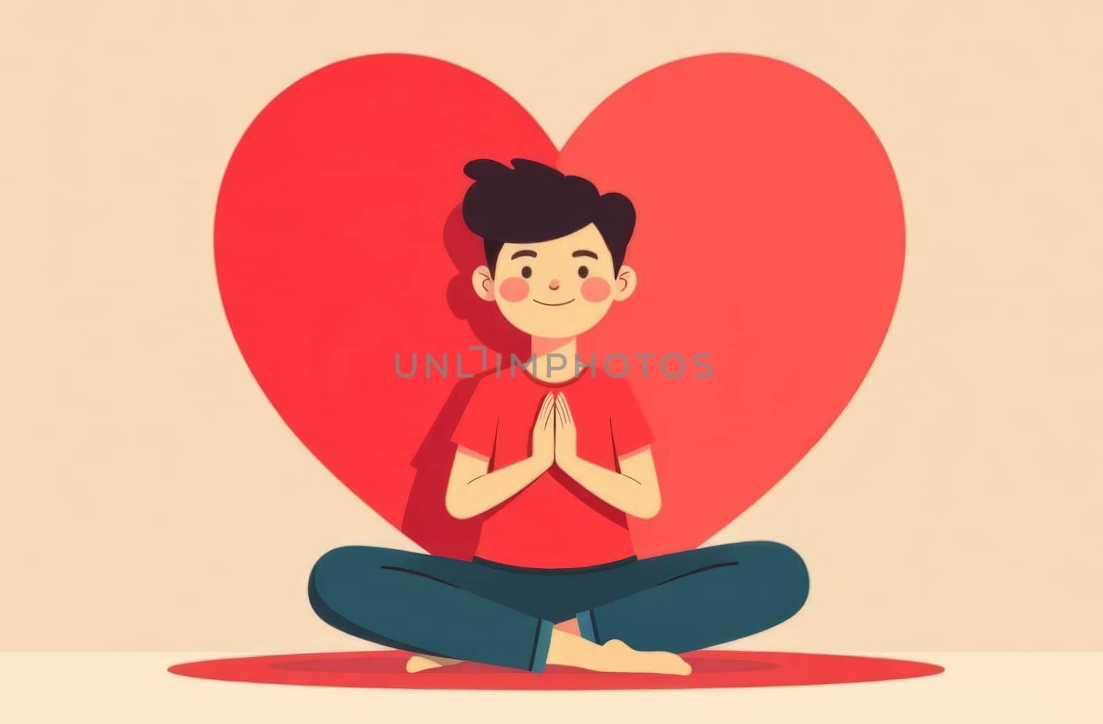 A boy sitting and meditating with heart in background