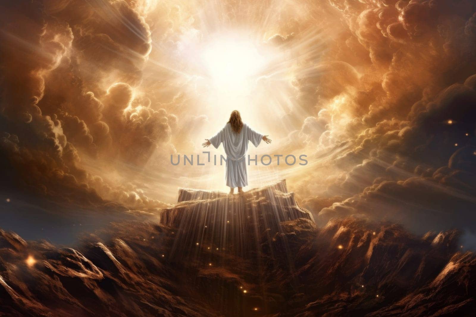 Christ is risen. Jesus in a white dress in heaven with lights