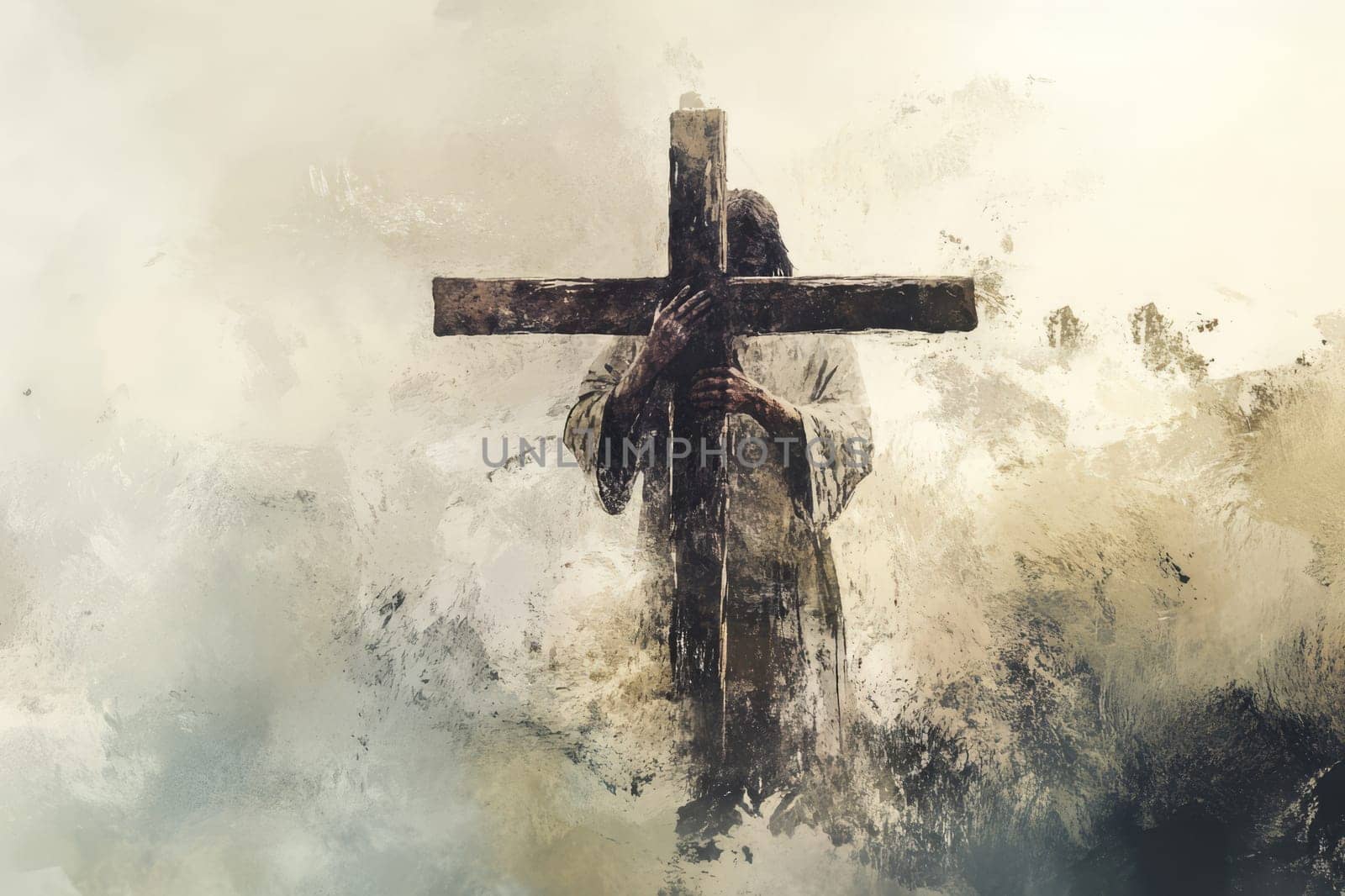 Jesus Christ in wreath pulls the cross to Calvary