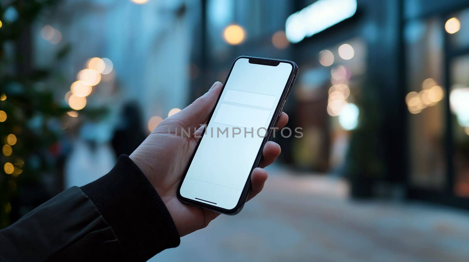 A person stands in an urban area at dusk, holding a smartphone. Soft, blurred lights from shops and buildings create a vibrant atmosphere, enhancing the feeling of a bustling evening - Generative AI