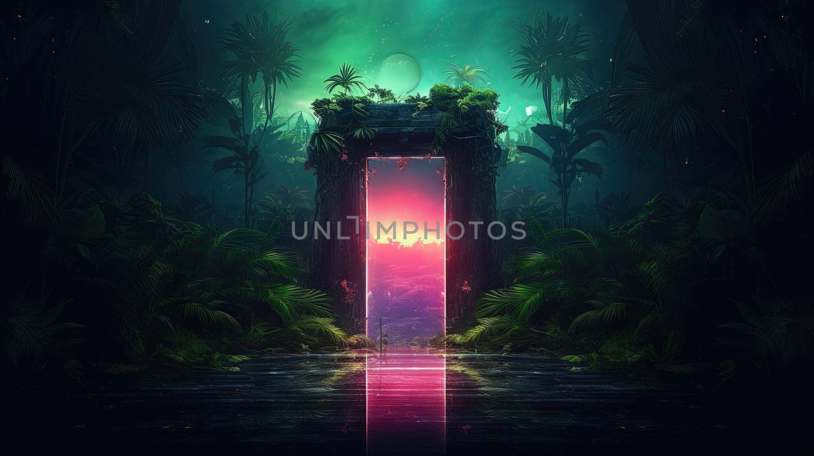 Mysterious door or portal with neon light in the jungle in synthwave style. Generated AI