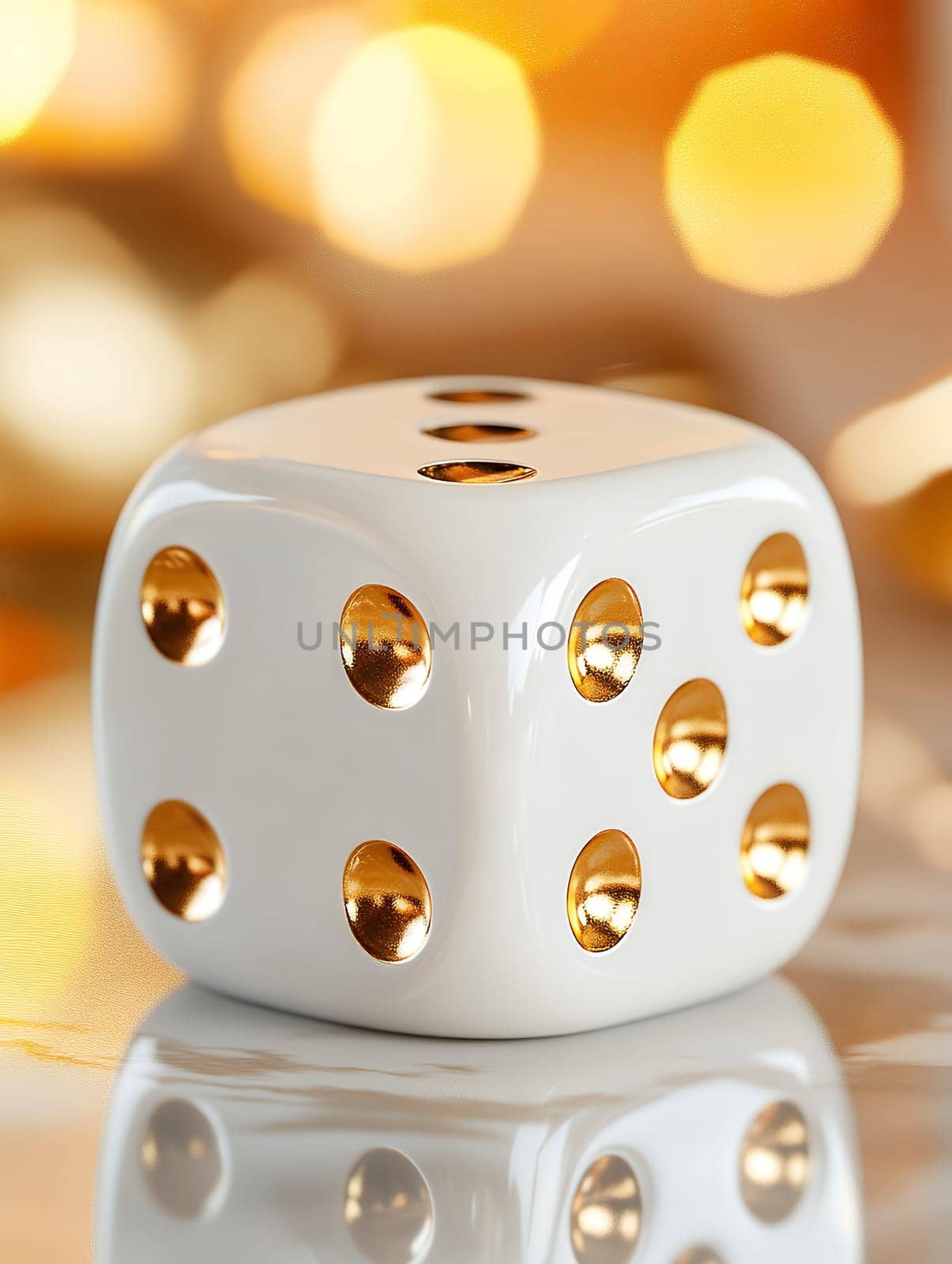 A luxurious white die, gold-accented, sits on a reflective surface against a blurred golden backdrop. The close-up showcases its elegant design, hinting at chance and celebration.
