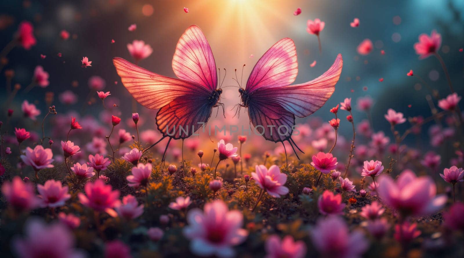 Two butterflies are standing in a field of pink flowers. The butterflies are facing each other, and the flowers are scattered around them. The scene is peaceful and serene, with the butterflies