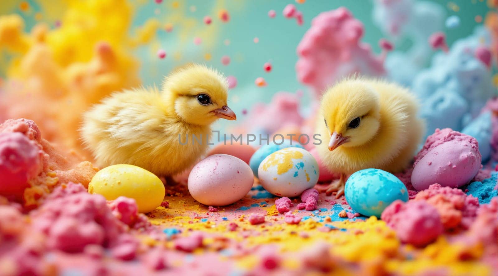 Two baby chicks are sitting on a colorful surface with a bunch of eggs around them. The eggs are of different colors, and the chicks are looking at them curiously. The scene has a playful