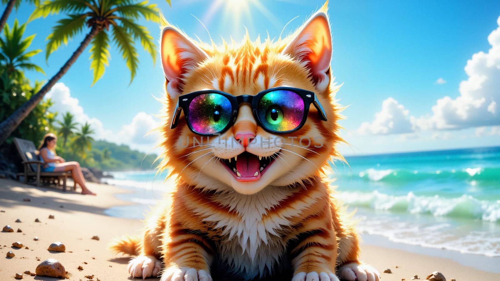 A cat wearing sunglasses is sitting on a beach. The cat is smiling and he is enjoying the sun and the beach