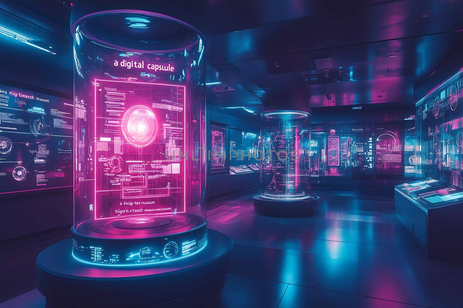 Visitors enjoy an immersive technological exhibit featuring bright digital capsules, interactive screens, and a captivating atmosphere at night.