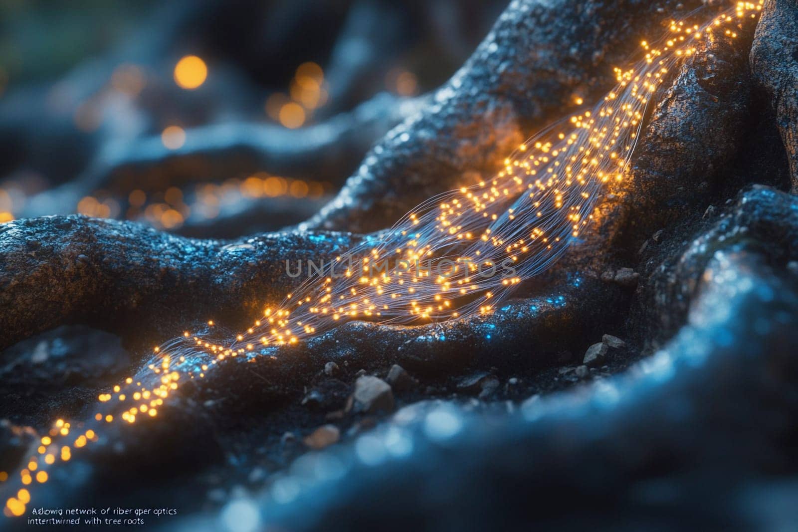 Fiber optic strands illuminate tree roots in a mystical forest, creating a mesmerizing blend of nature and technology in the twilight.