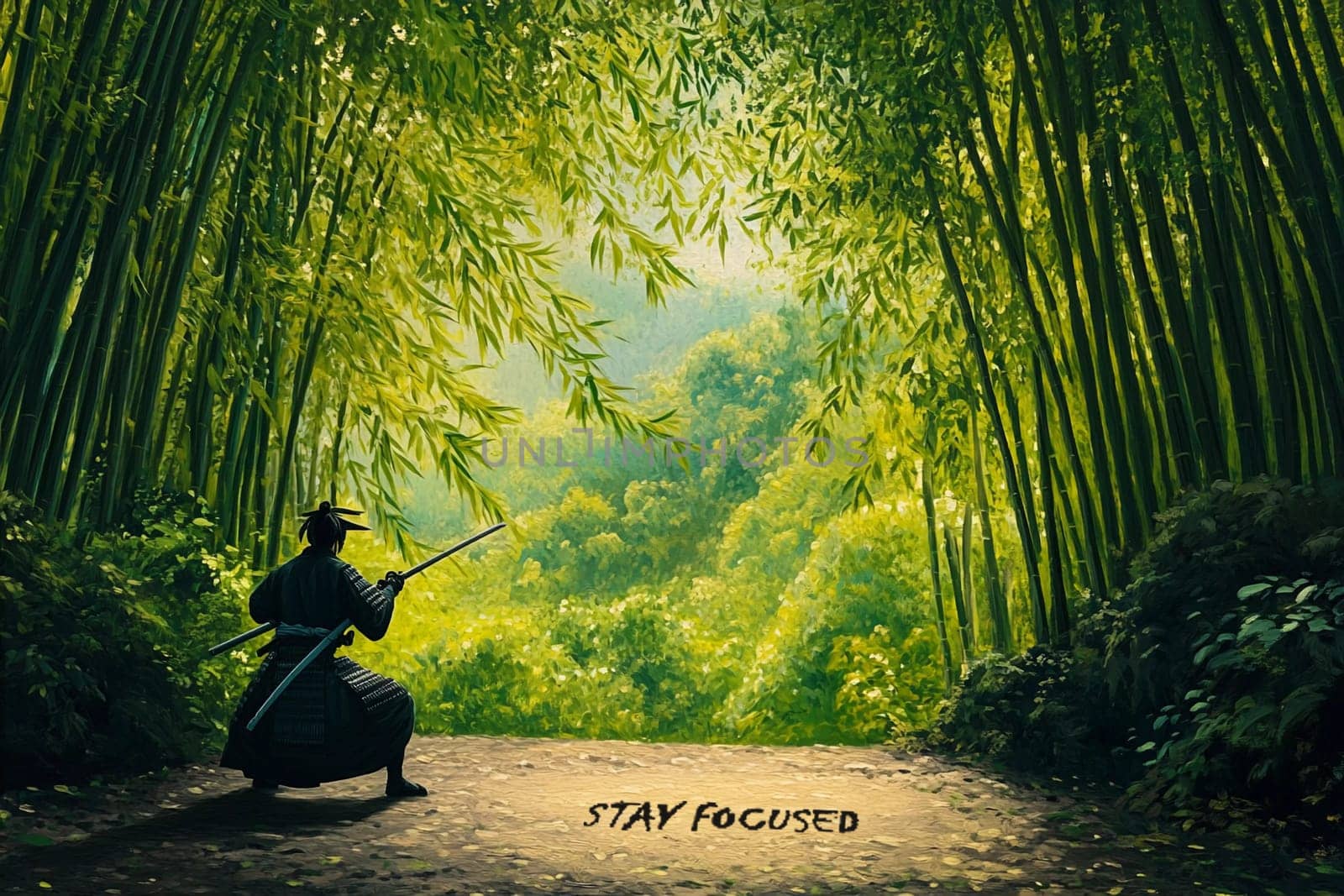 A warrior poised with a spear in a lush bamboo forest, emphasizing inner peace and concentration amid nature's beauty.