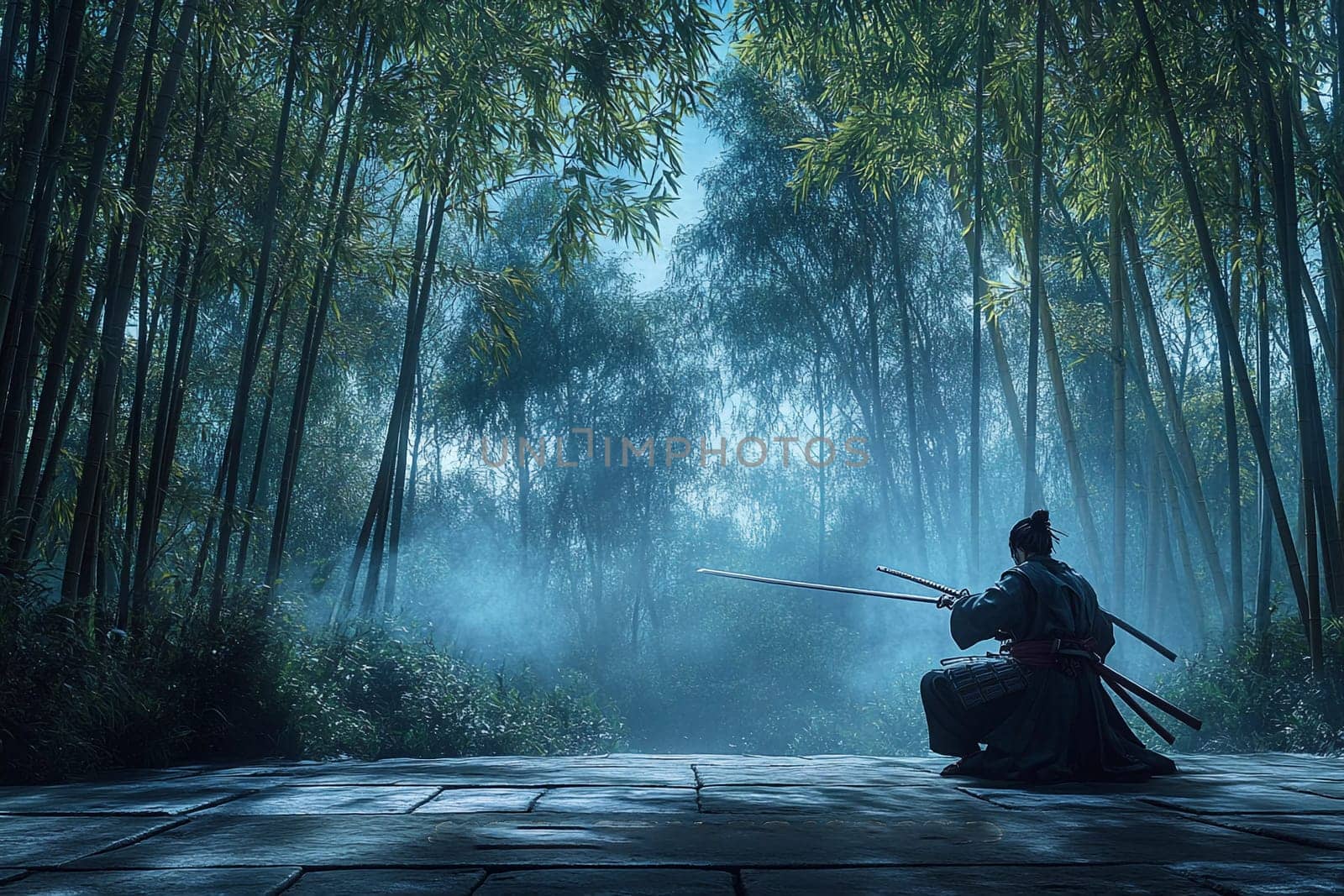 A lone warrior crouches in a dense bamboo forest, poised with weapons, surrounded by morning mist and tranquility, awaiting the inevitable.
