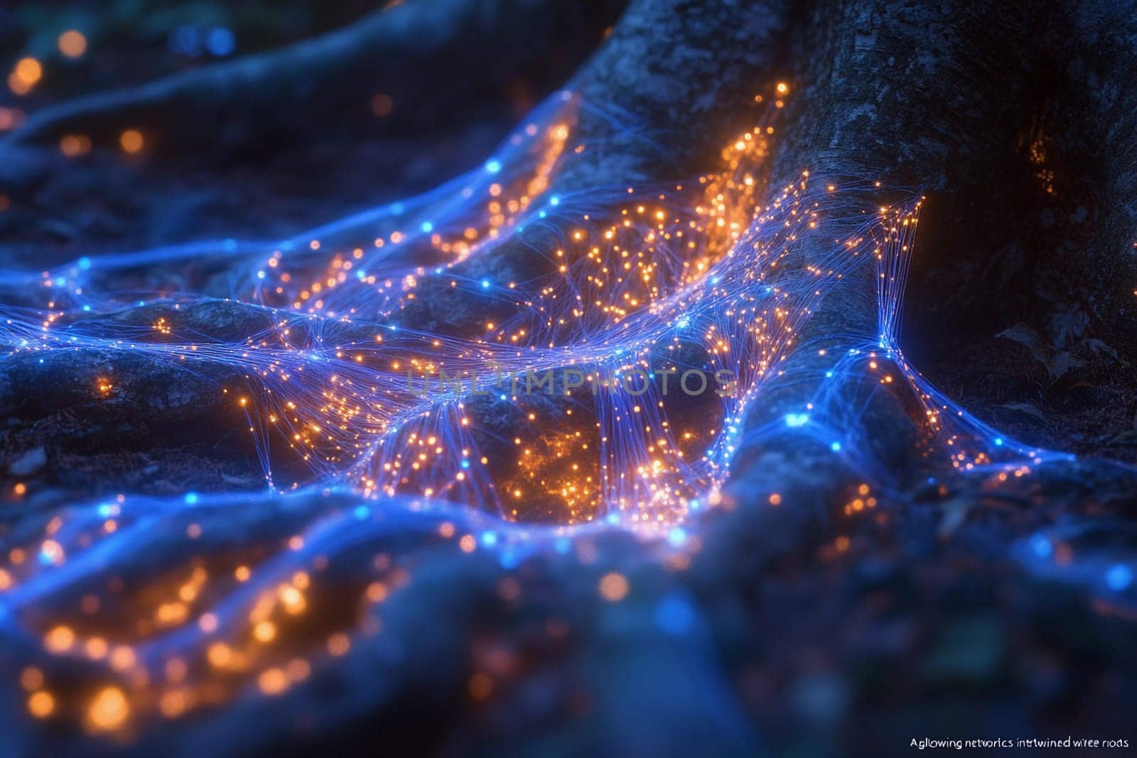 Bioluminescent lights shine through the intricate roots of a tree, creating a magical ambiance in a dark forest at night.