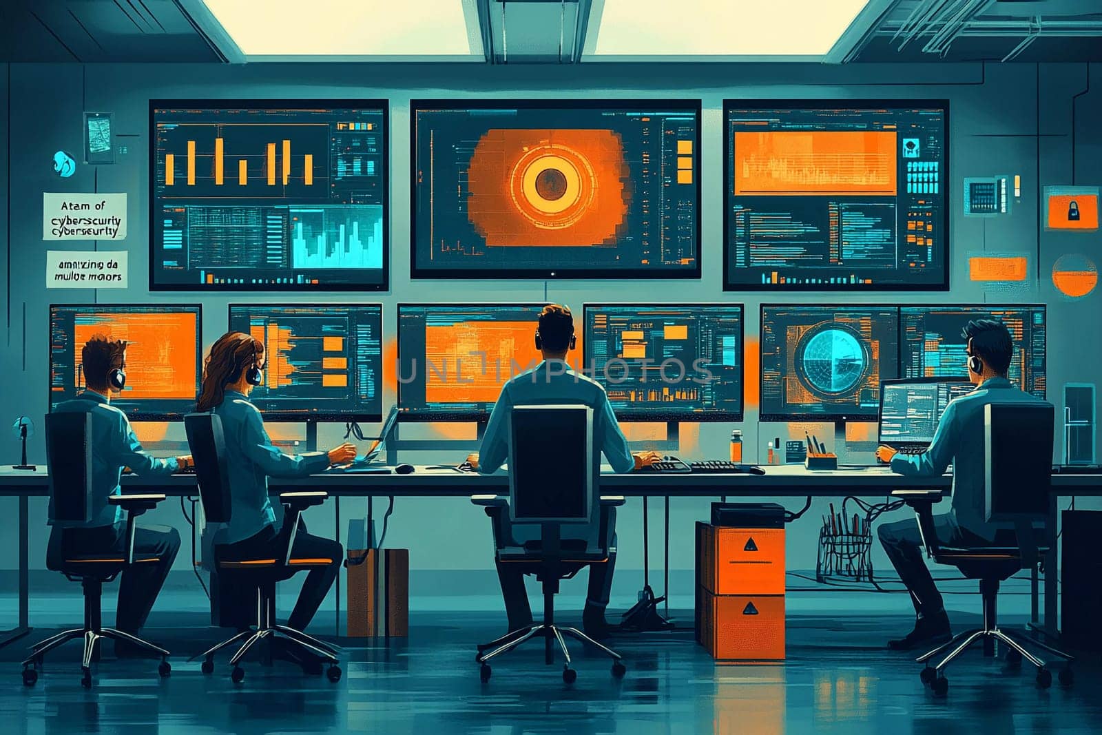A group of professionals collaborates in a modern control room, analyzing data on multiple monitors while focusing on cybersecurity tasks.