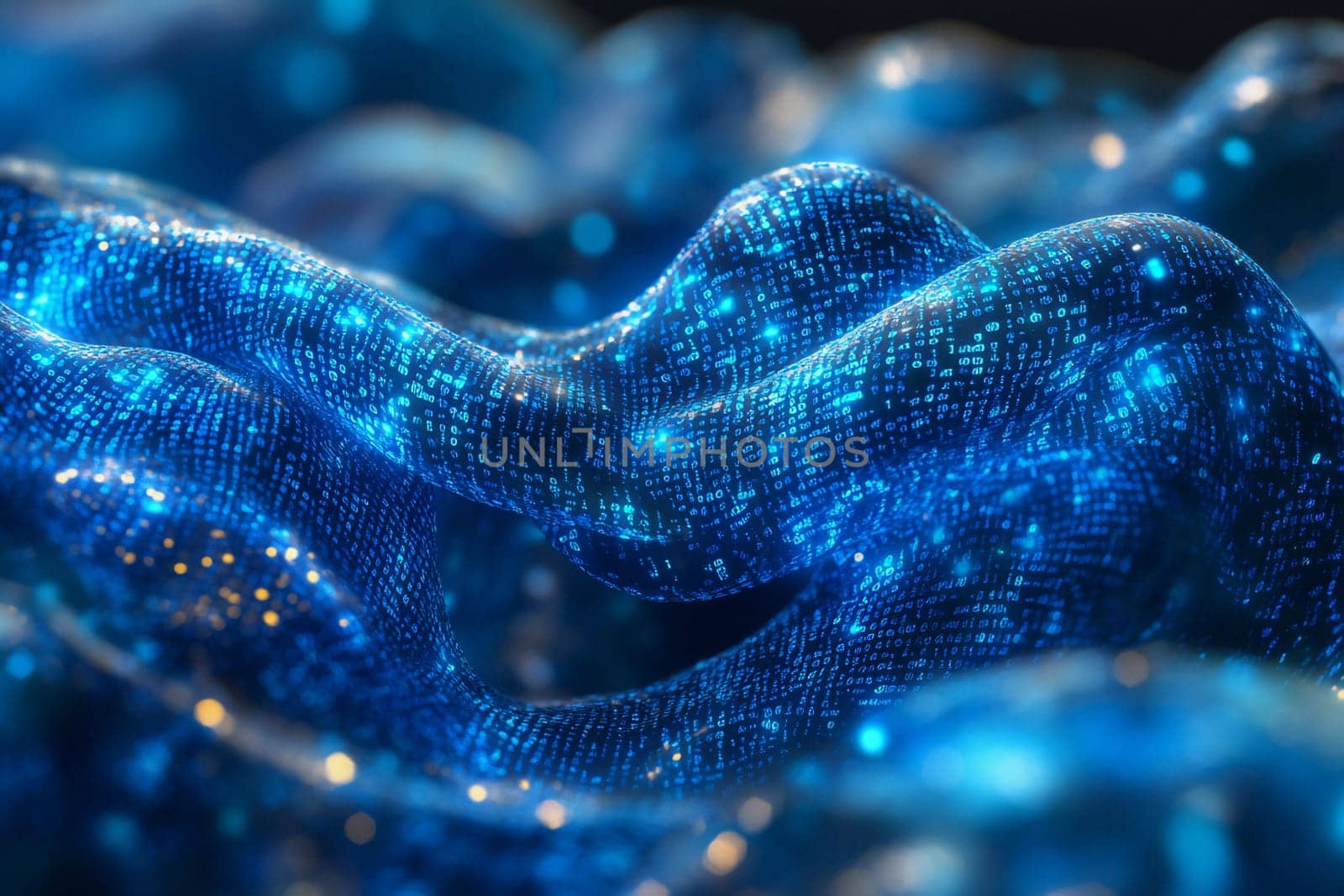 Vibrant blue waves composed of digital data patterns undulate smoothly, creating an entrancing visual effect that captivates the viewer.