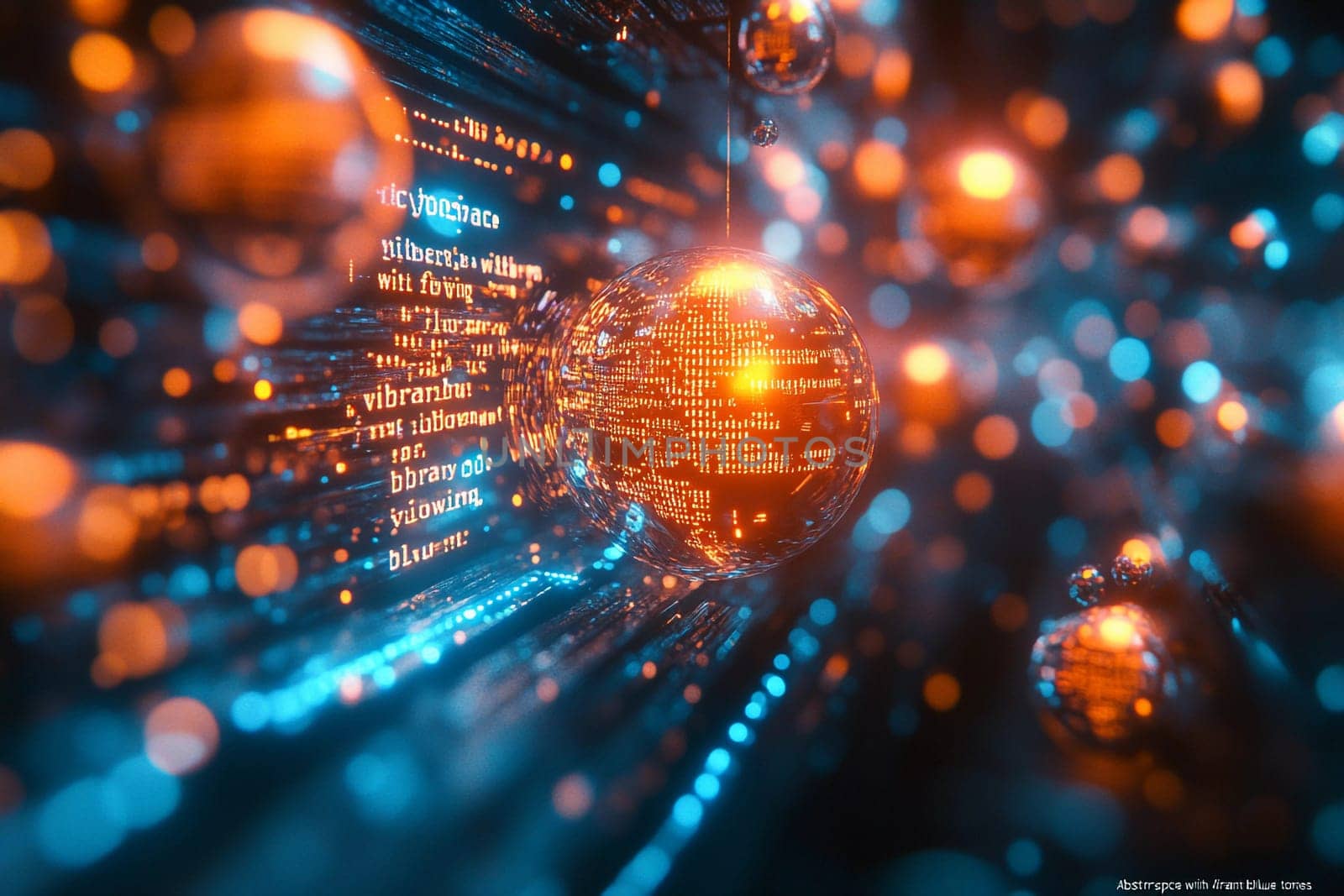 Bright spheres emit light while data streams flow through a dynamic digital landscape, creating an immersive and futuristic atmosphere.