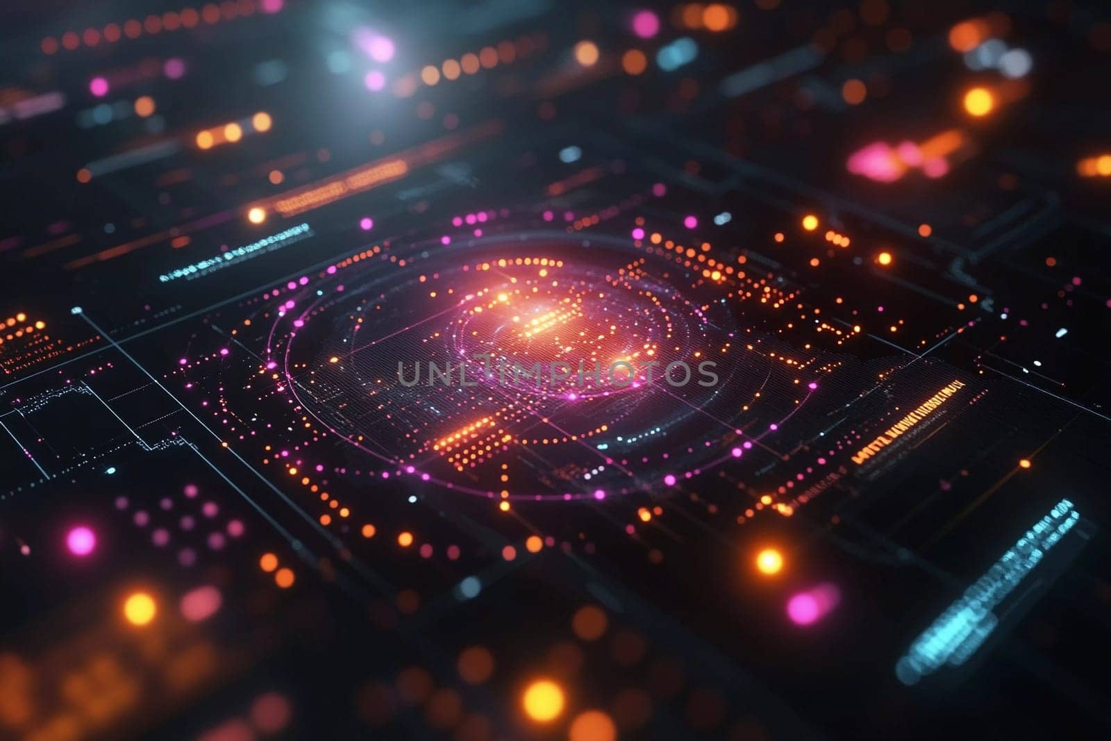 Complex arrangement of glowing lights and intricate patterns showcases a modern digital landscape, emphasizing technology and creativity.