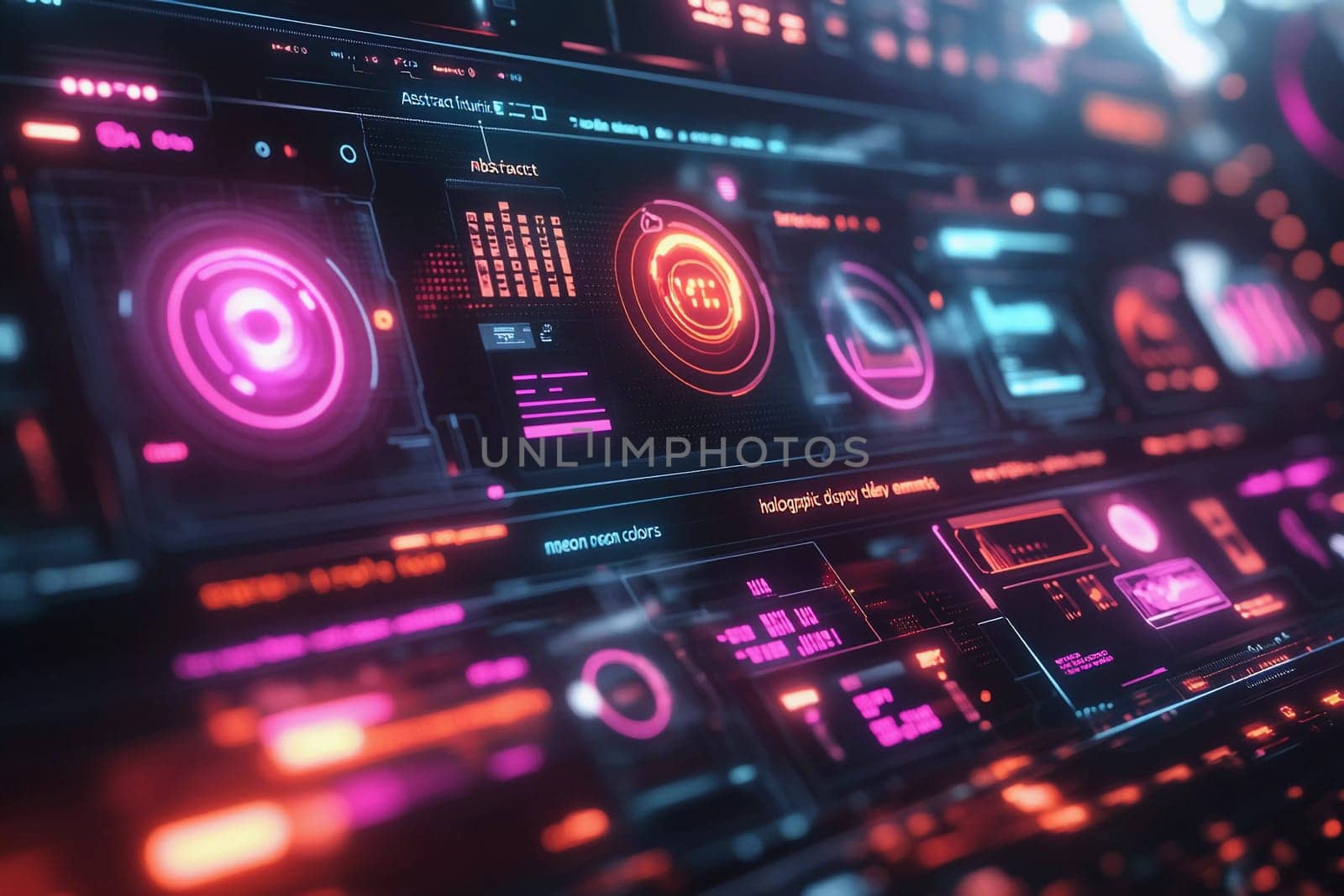 High-tech digital panels showcase colorful graphs and data visuals. The setting emphasizes modern technology and innovation.