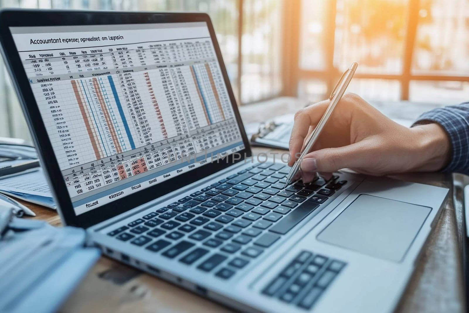A person analyzes complex financial spreadsheets on a laptop, focused on their work in a modern office environment during the afternoon.