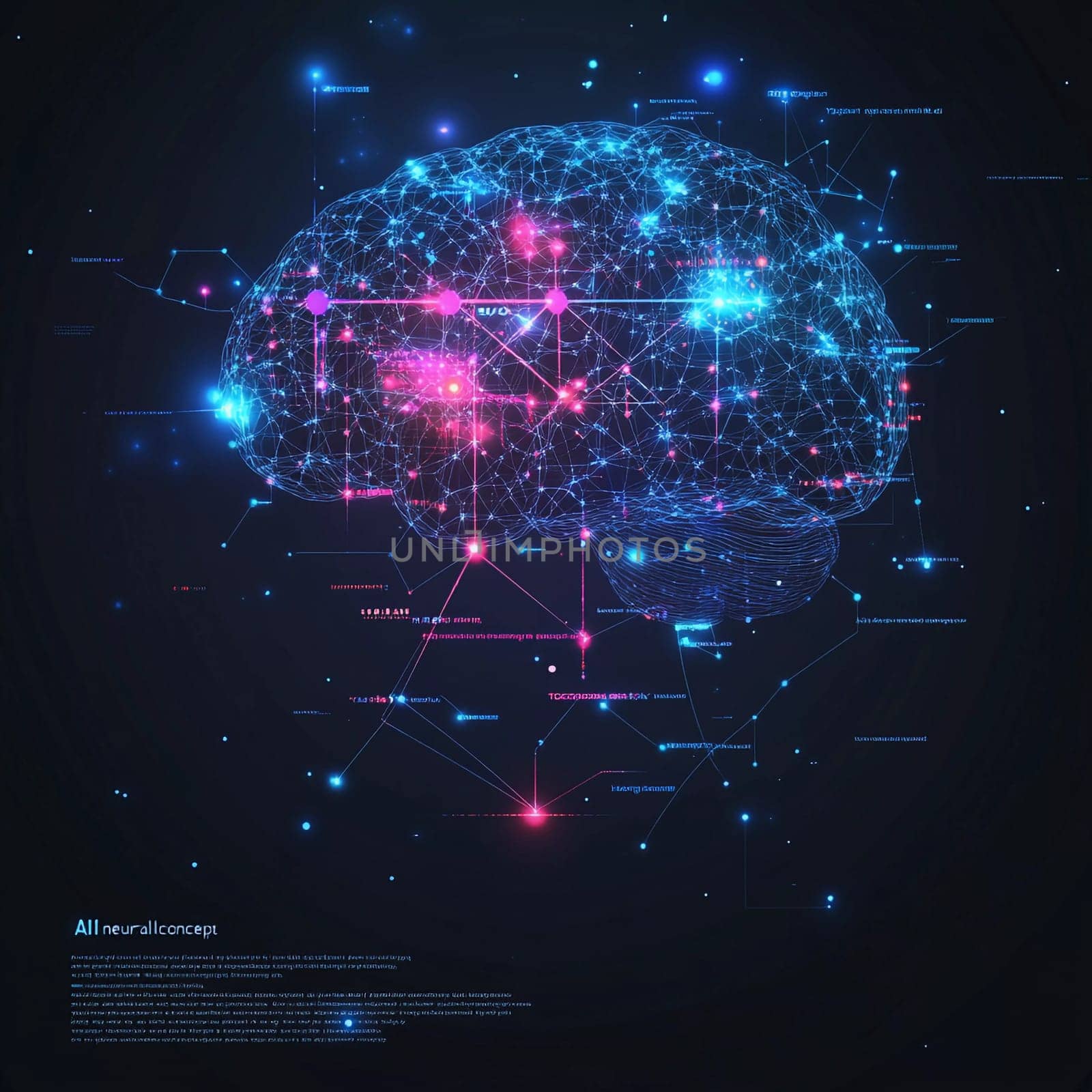 A vibrant depiction of a brain with interconnected dots and lines symbolizing neural networks and data flow within a digital space.