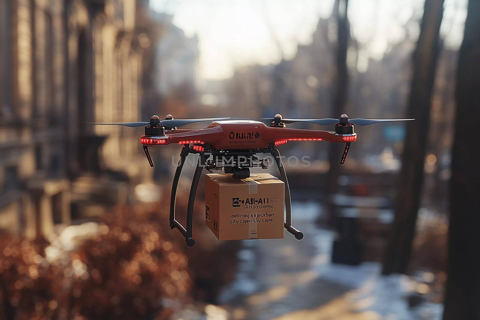 A drone transports a parcel through a peaceful urban street, showcasing advanced delivery technology amidst autumn foliage.