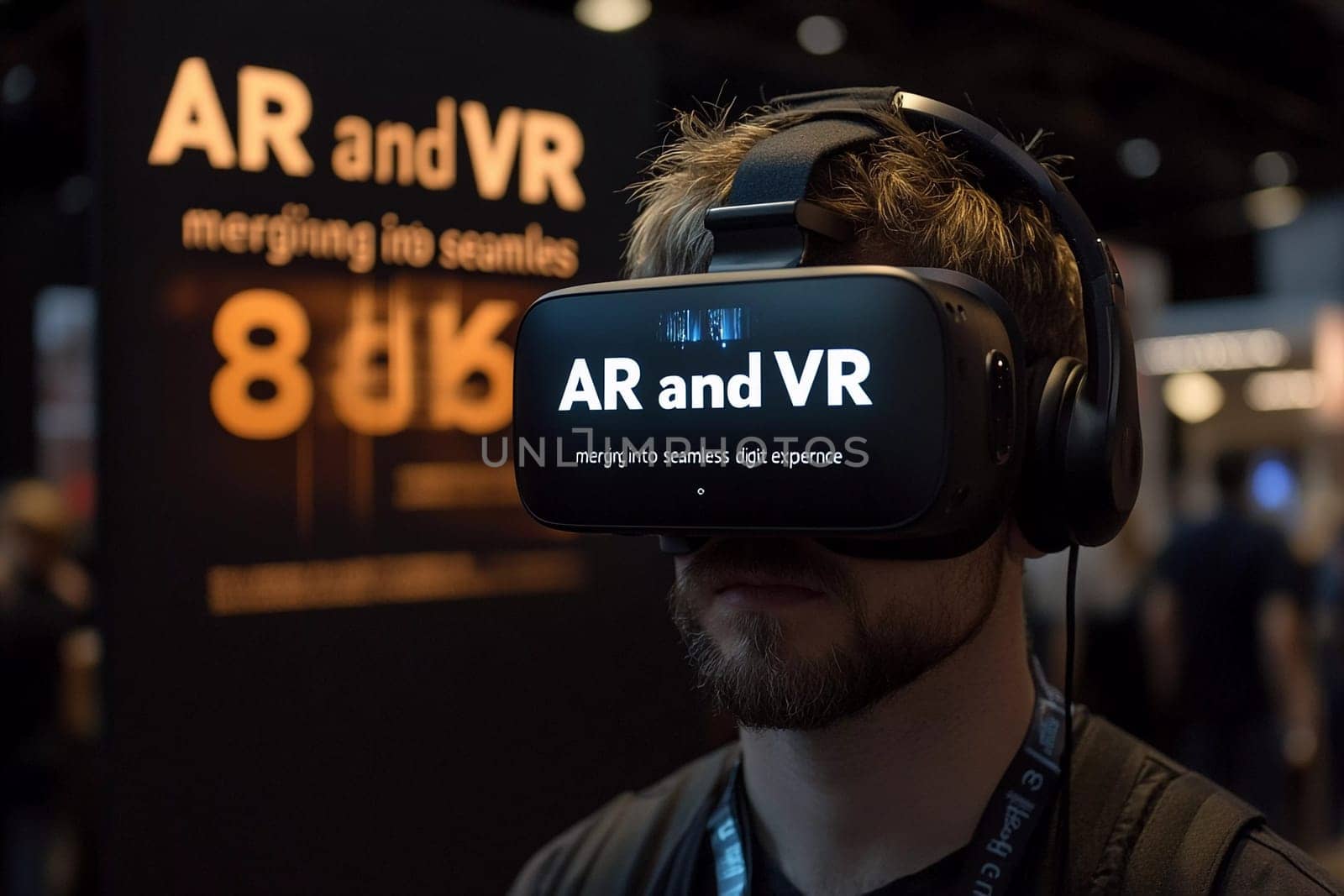 Attendee engages with augmented reality and virtual reality technology while wearing a headset at a digital experience event.