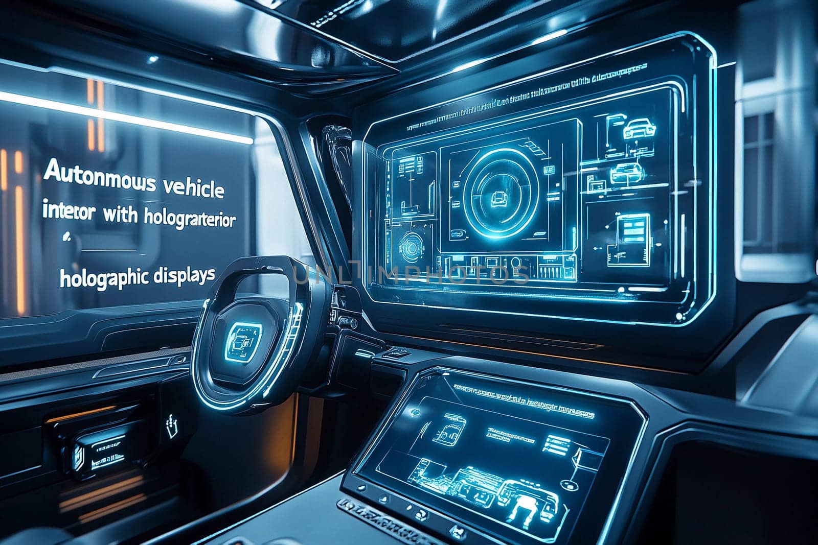 High-tech interior view of an autonomous vehicle showcasing holographic displays and innovative digital interfaces in a modern setting.