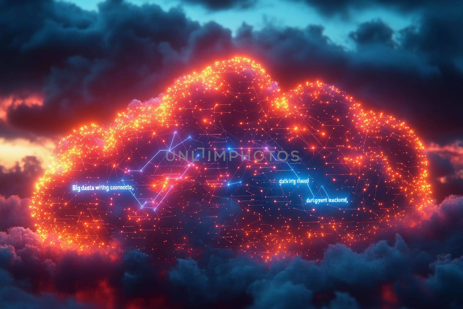 A radiant cloud filled with glowing connections appears against a stunning dusk sky, showcasing innovative technology concepts.