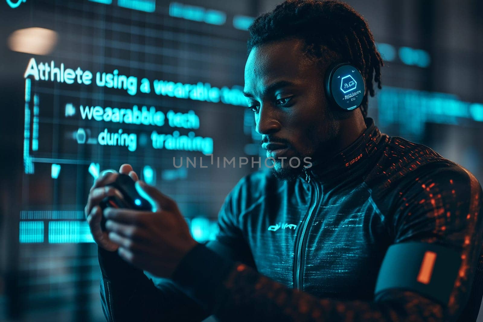 Focused athlete in a dark training environment interacts with wearable tech, monitoring performance metrics displayed on screens.